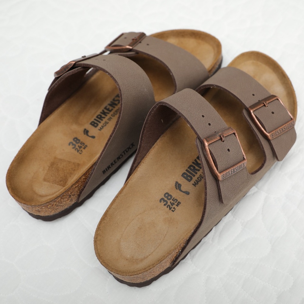 Birkenstock Arizona Two-Strap Sandals in Brown with Copper buckles